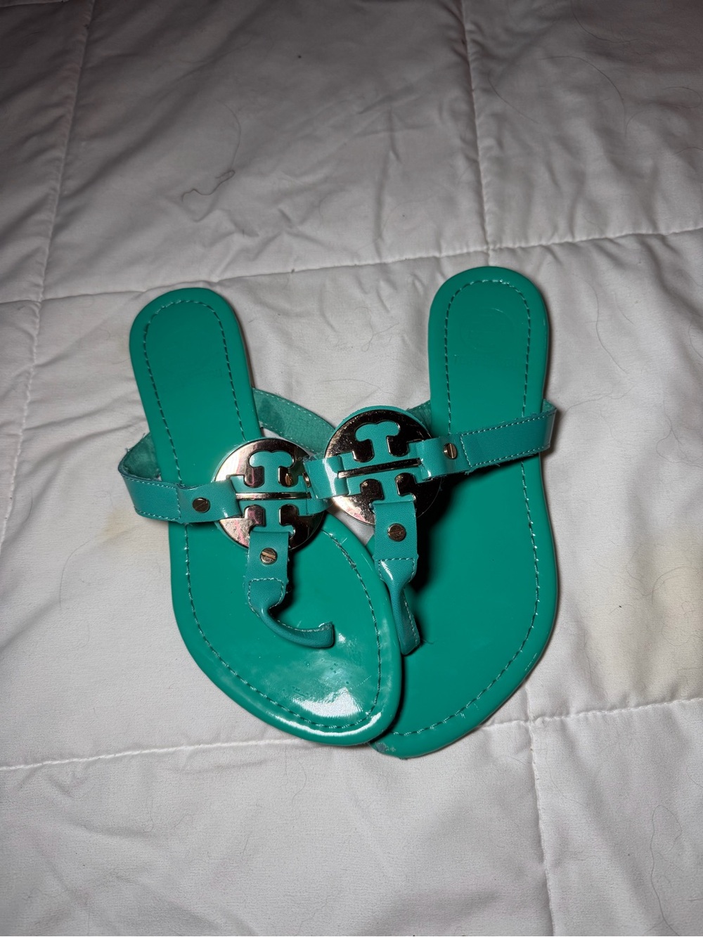 Tory Burch Teal Patent Leather Logo Thong Sandals